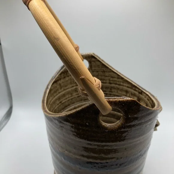 Vintage Teal/Tan/Blue Pottery Flower Pot with Bamboo Handle - Picture 6 of 10